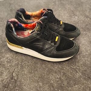 Ted Baker London black sneakers gold accents and floral interior size 7